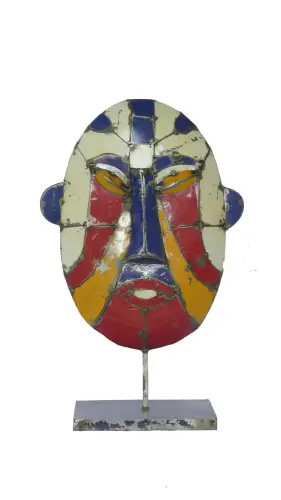 Product image of the product “Small Mask on stand - Modell 1, 56cm height, sculpture from upcyceled oil barrel. ”